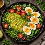 A healthy protein bowl featuring boiled eggs, sliced avocado, and fresh cherry tomatoes on a bed of greens, illustrating protein diversity