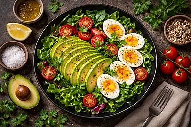 Plant vs. Animal Protein: The Logical Science of Muscle Repair and Longevity A healthy protein bowl featuring boiled eggs, sliced avocado, and fresh cherry tomatoes on a bed of greens, illustrating protein diversity