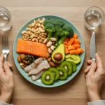 Healthy superfoods like walnuts and berries that support the gut-brain connection and mental health